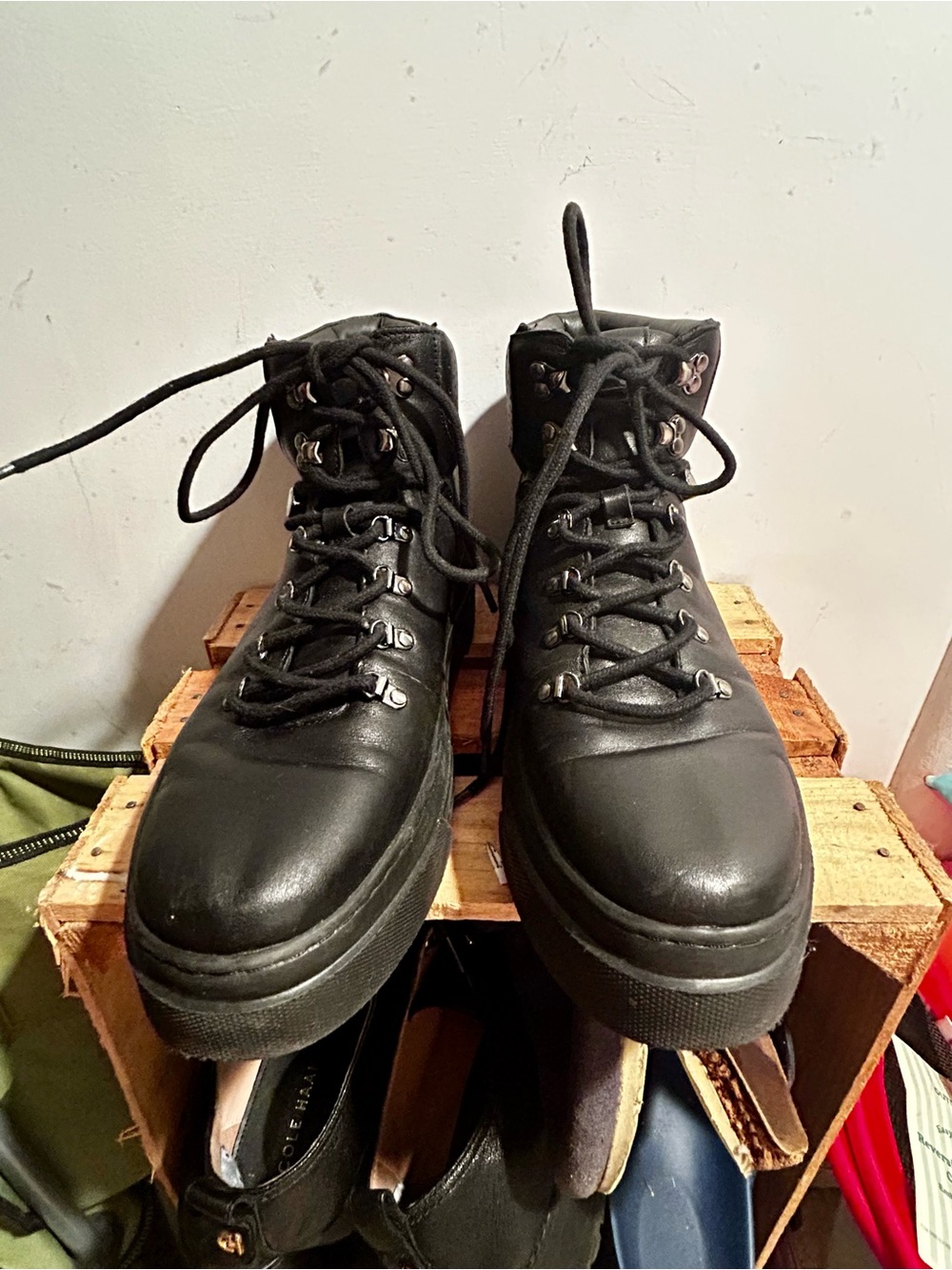 Women’s Black Leather Combat Moto Boots - Sleek Lace-Up Platform